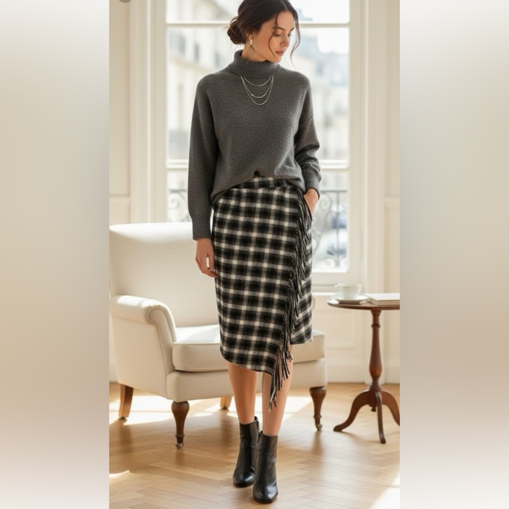 Nwt Time and Tru Women's Fringed Faux Wrap Skirt new black white plaid X